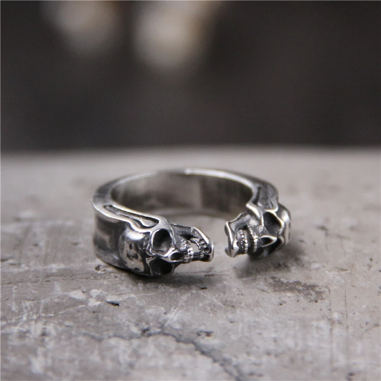 Title 1, S925 Sterling Silver Vintage Carved Skull Adjus...