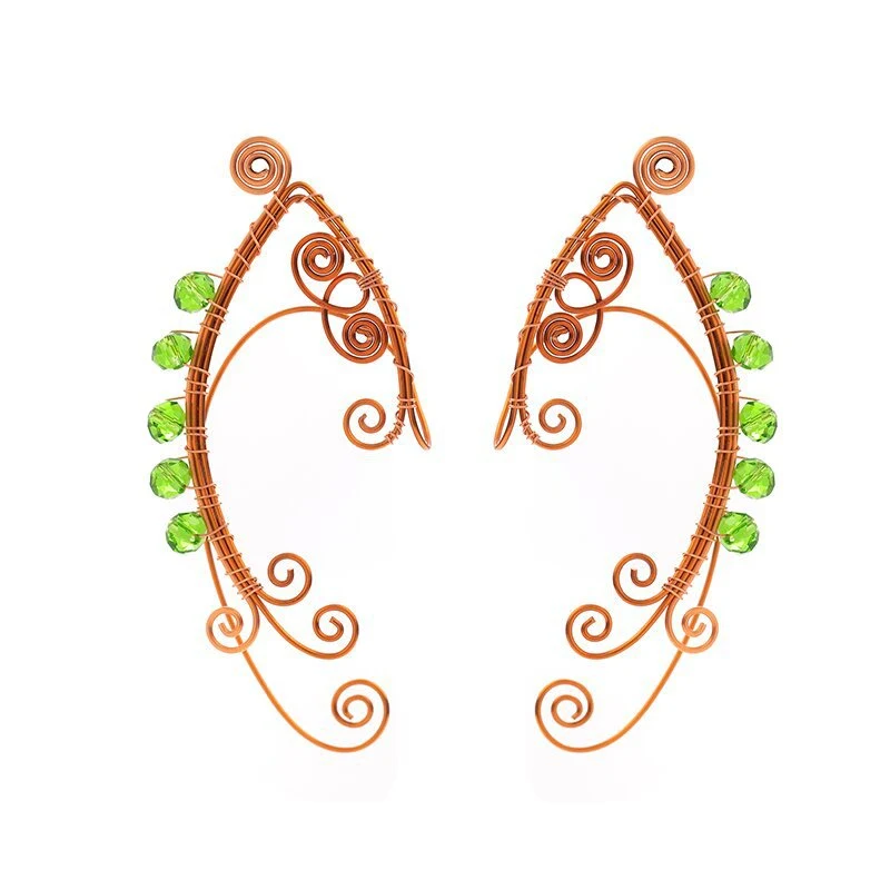 Boucles d'oreilles elfiques pendantes sans perçage, clip d'oreille vintage vert, disponibles sur Amazon et AliExpress, look féerique et élégant