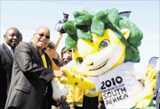 President Jacob Zuma with Zakumi at the 50 days countdown to FIFA world cup celebrations hosted by South Africa in June and July 2010.