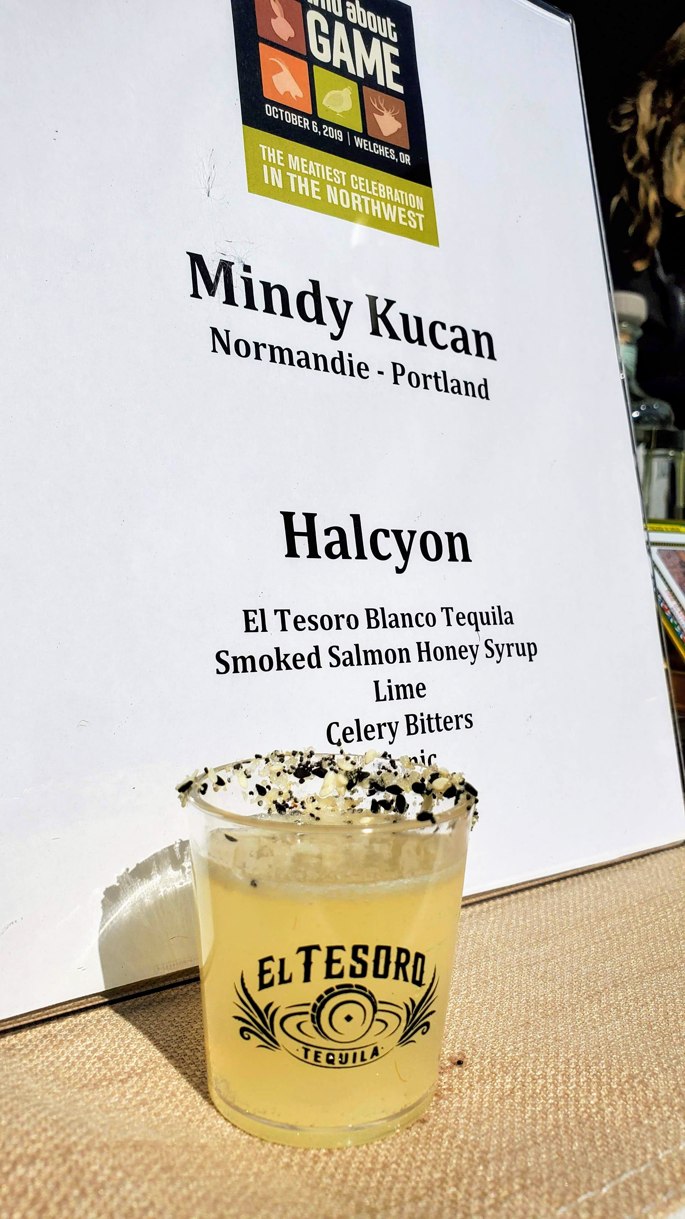 Review of Wild About Game 2019: for the Wild About Game cocktail competition featuring El Tesoro Tequila at Wild About Game 2019: Mindy Kucan for Normandie poured Halcyon, a cocktail of El Tesoro Blanco Tequila, Smoked Salmon Honey Syrup, Lime, Celery Bitters, Tonic, and Everything Spice Rim