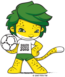 South African Soccer Team's mascot Zakuki, the yellow leopard with green head of hair, standing holding soccer ball