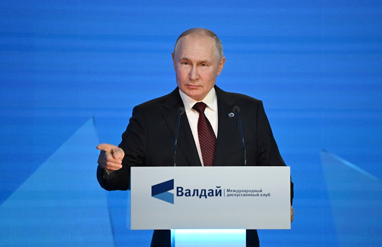 Russian President Vladimir Putin delivers a speech at the 20th annual meeting of the Valdai Discussion Club in Sochi, Russia on October 5 2023.