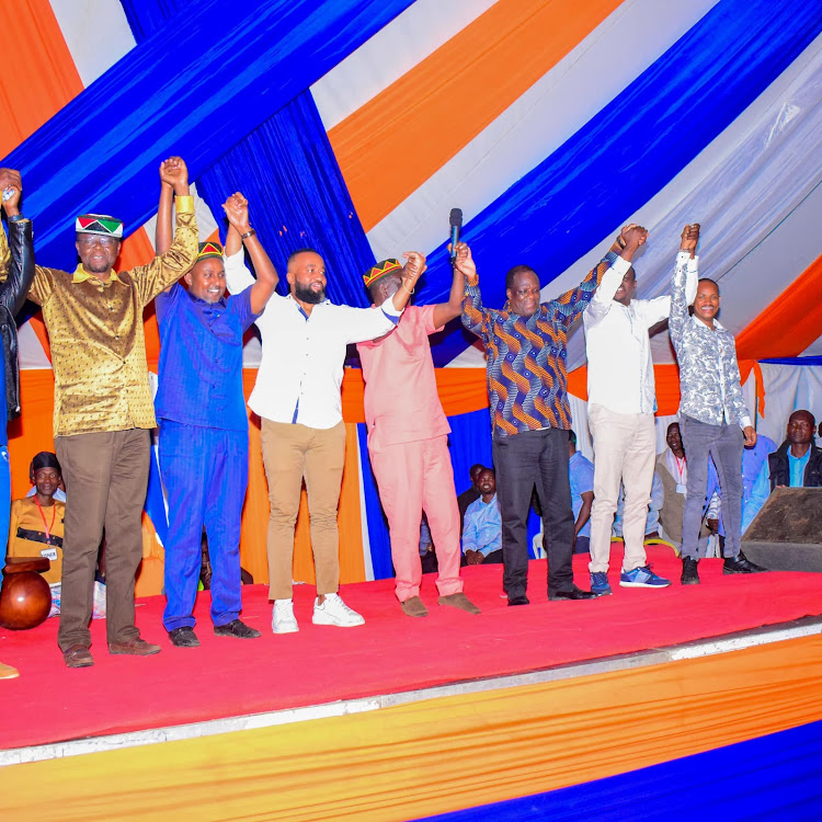 Azimio la Umoja leaders led by Raila Odinga during the Ceremony of Installation of Fredrick Owili as Chief of Seme in Migori County on May 18, 2024.