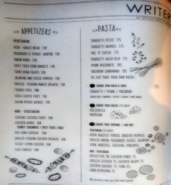 Writer's Cafe menu 