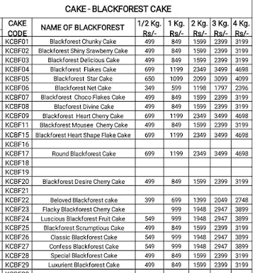 Kwality Cake menu 