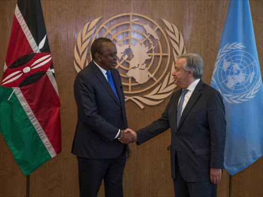 President Uhuru Kenyatta with UN Secretary General Antonio Guterres at the sidelines of the UNGA, New York, September 25, 2018. /PSCU