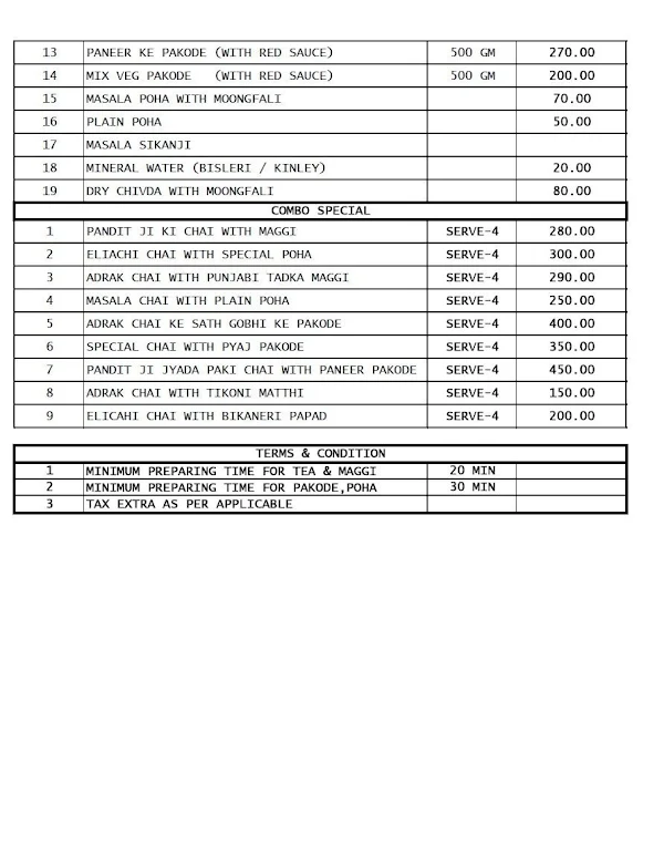 Pandit Ji Ki Chai menu 