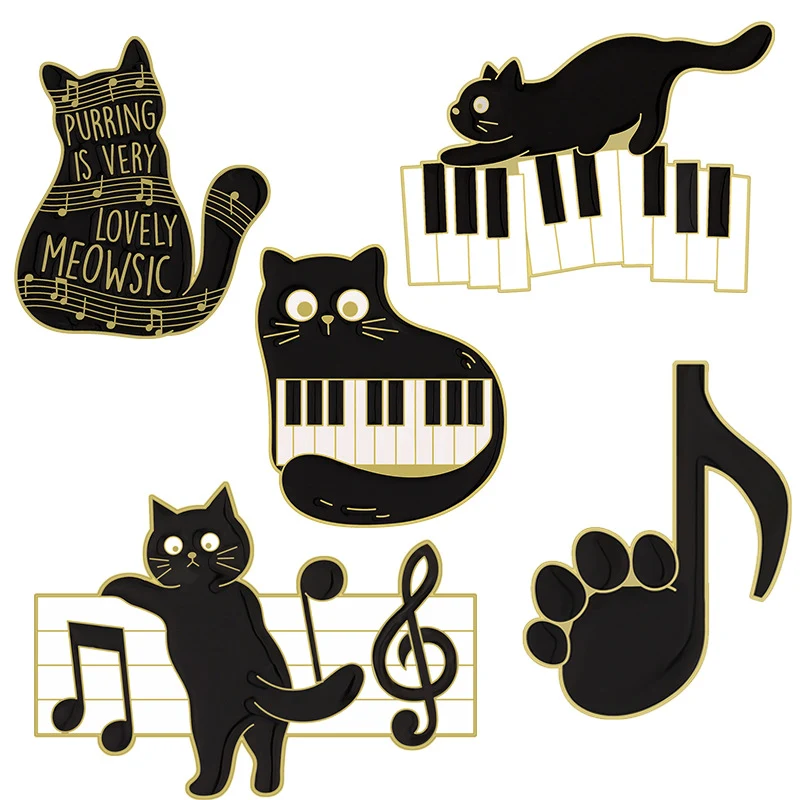 Precioso Broche de Aleación con Notas Musicales y un Gato Negro Tierno para Amantes del Piano y un Toque de Elegancia en tu Solapa.