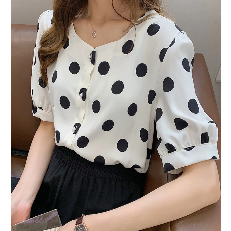 Western stijl chiffon blouse met golfjes en stippen voor dames. Elegant en luchtig voor een chique casual look. Perfect voor dagelijks gebruik en speciale gelegenheden.