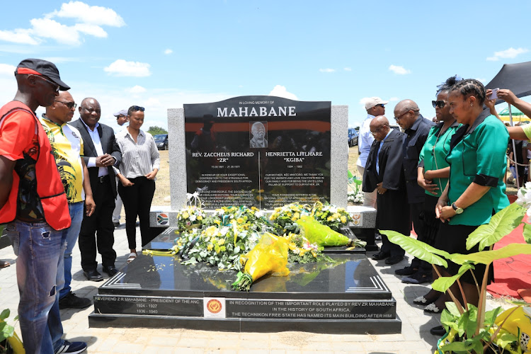 President Cyril Ramaphosa, family of former ANC president Zaccheus Mahabane and others lay wreaths at Mahabane's grave in Maokeng, Kroonstad, on January 4 2023 before the party's 111th birthday in the Free State on January 8.