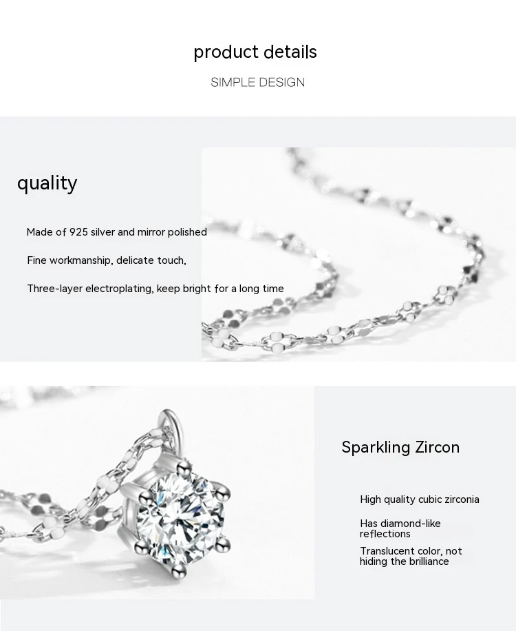 Collar solitario S925 plata de ley brillante estilo europeo y americano para mujer. Un accesorio elegante y moderno para realzar tu look diario.