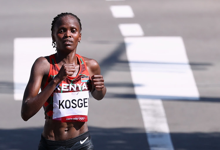 Brigid Kosgei of Kenya reacts after winning silver