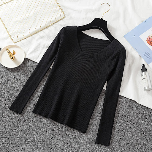 Title 8, V-neck Pullover Sweater Stretch Long-sleeved Bo...