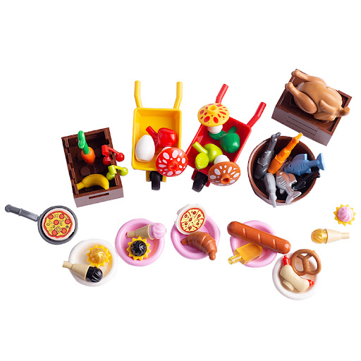 Title 21, Building block toys with food accessories, brea...