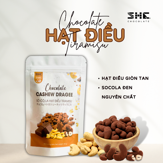 Socola Hạt Điều Tiramisu - Túi 50G - She Chocolate - Tốt Cho Sức Khỏe - Quà Tặng Người Thân, Dịp Lễ, Thích Hợp Ăn Vặt