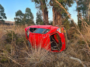 A man died and a woman was seriously injured when this vehicle overturned on the N17 near Ermelo on Tuesday morning. 