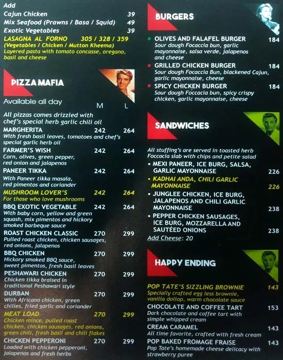 Pop Tate's menu 