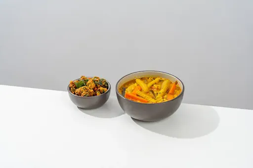 Sambar Annam With Bendakaya Vepudu ( Sambar Rice Bowl With Bhindi Fry)
