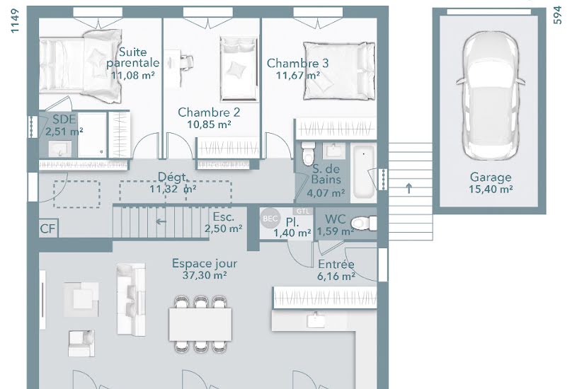  Vente Terrain + Maison - Terrain : 3 000m² - Maison : 100m² à Saint-Martin-de-Villereglan (11300) 