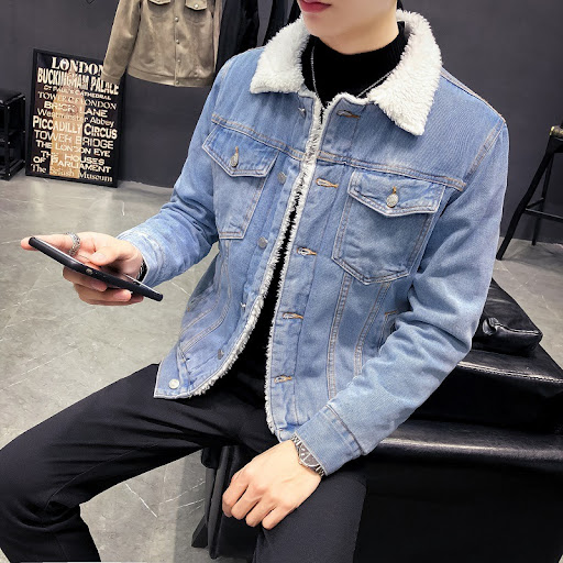 Title 4, Plush Thick Denim Jacket Male Lamb Wool Denim C...