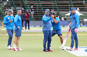 Vernon Philander, Mark Verdon Boucher, coach of South Africa and Faf du Plessis of South Africa during the International Test Series 2019/20 match between South Africa and England at Imperial Wanderers Stadium, Johannesburg on 24 January 2020.