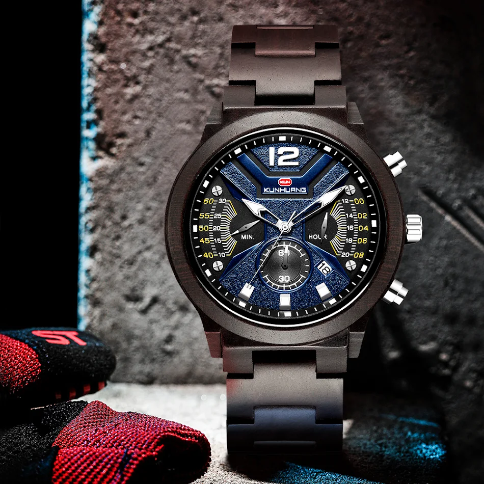 Montre en bois sportive à quartz avec chronographe pour homme. Alliant fonctionnalité et élégance, idéale pour le sport et le quotidien.