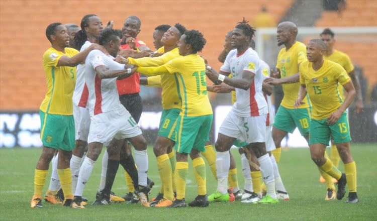 Bafana Bafana and Burkina Faso players clashing during the FIFA 2018 World Cup, Qualifier match between South Africa and Burkina Faso at FNB Stadium on October 07, 2017 in Johannesburg, South Africa.