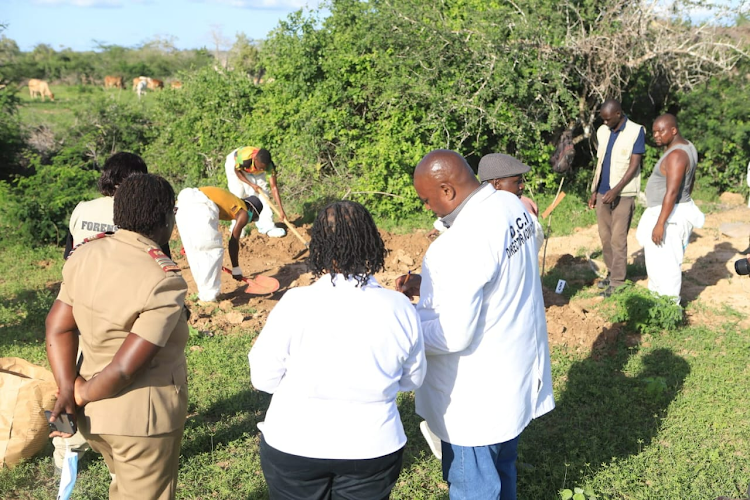 Detectives drawn from the forensics department of the DCI conducting exhumations in Shakahola Forest on May 12, 2023.