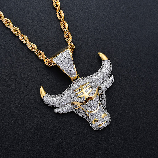 Title 5, Micro-inlaid Zircon Bull Head Pendant Necklace,...