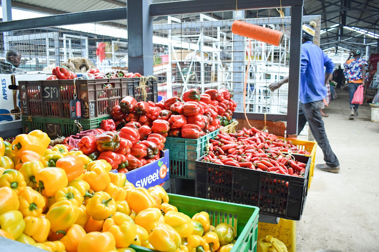 Bell peppers displayed at City park Market on July 25. Traders shifted from te old vibandas to the rehabilitated stalls.