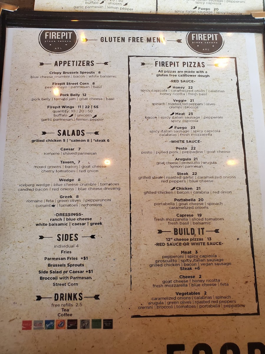 Firepit Pizza Tavern gluten-free menu