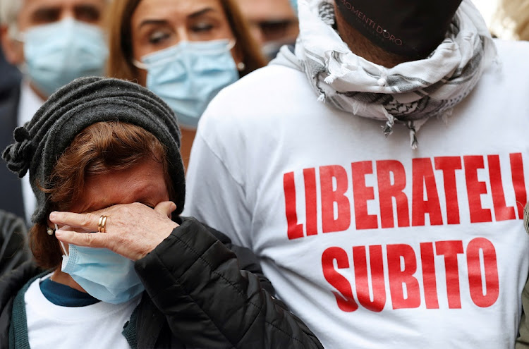 Rosetta Incargiola, the mother of one of 18 fishermen detained in Libya, cries at a protest calling for the release of the sailors in Rome, Italy, October 14, 2020.