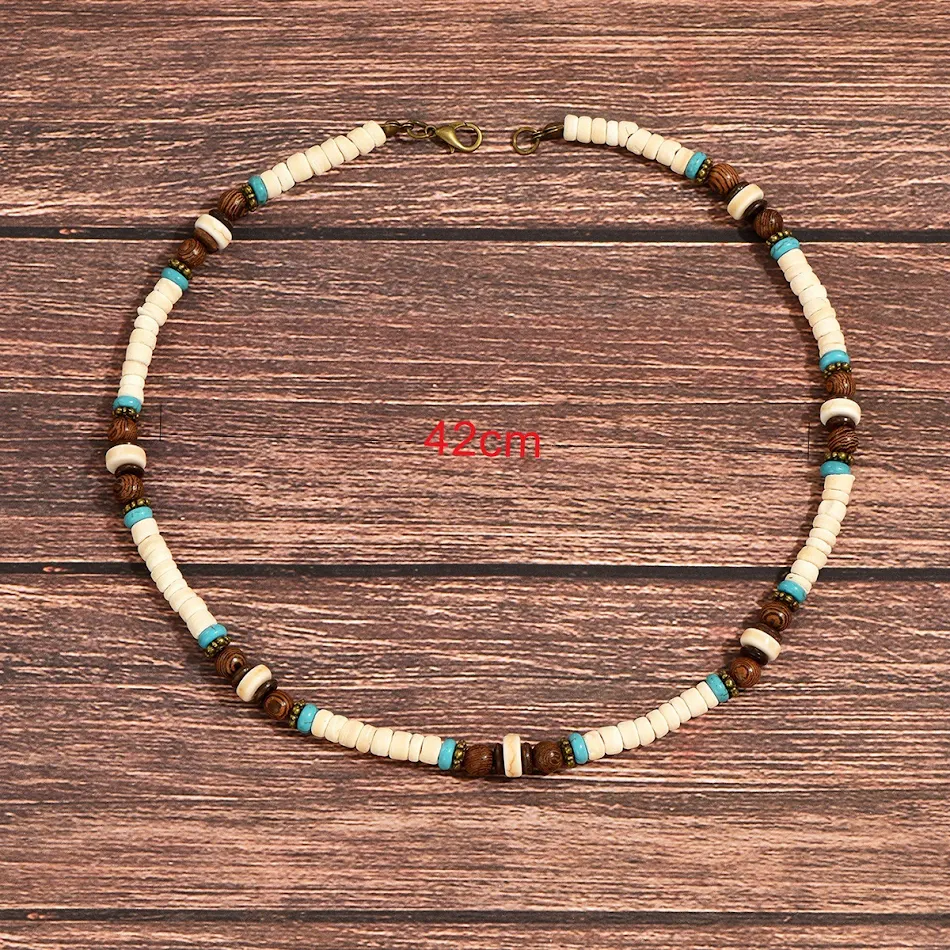 Collar para hombre con cadena de clavícula, estilo bohemio retro y simple, cuentas de madera de coco y turquesa.
