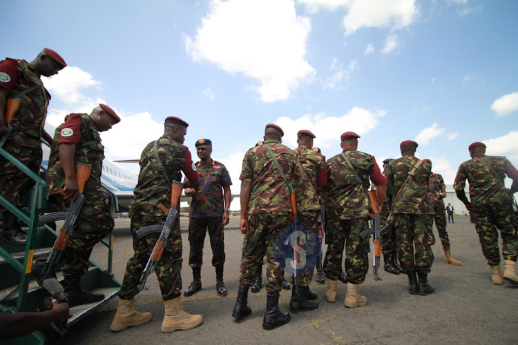 Chief of Defence Forces Francis Ogolla receives KDF troop from the Democratic Republic of Congo when they arrived at the Embakasi Garrison in Nairobi on December 21, 2023.