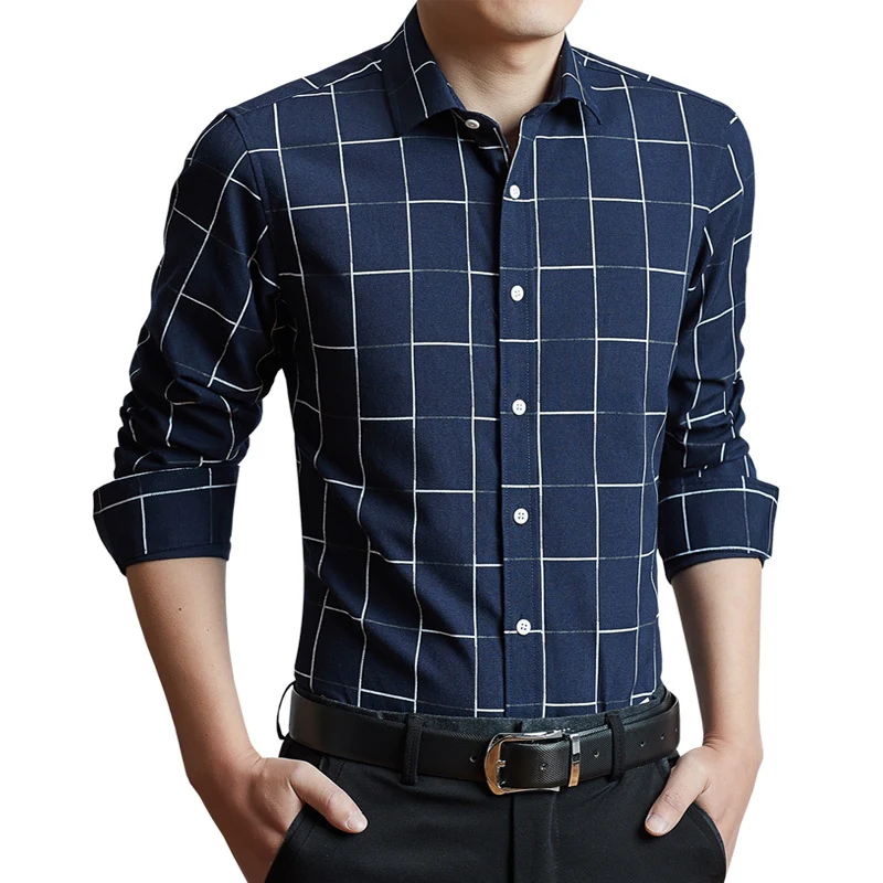 Men's business casual long sleeve plaid shirt