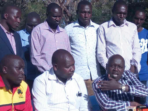 Uasin Gishu County Jubilee Party Chairman William Mutai (2nd left) and North Rift Youth Leader Samson Cherarkei (2nd rift) addressing the press yesterday in Eldoret./STANLEY MAGUT