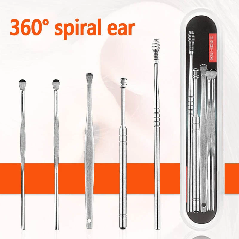 Juego de 6 piezas de acero inoxidable, herramienta para limpiar oídos con espiral 360 grados, elimina cera de manera segura y efectiva.