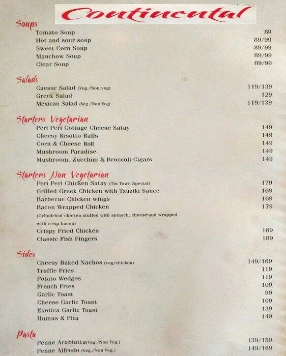 Tin Town Cafe menu 