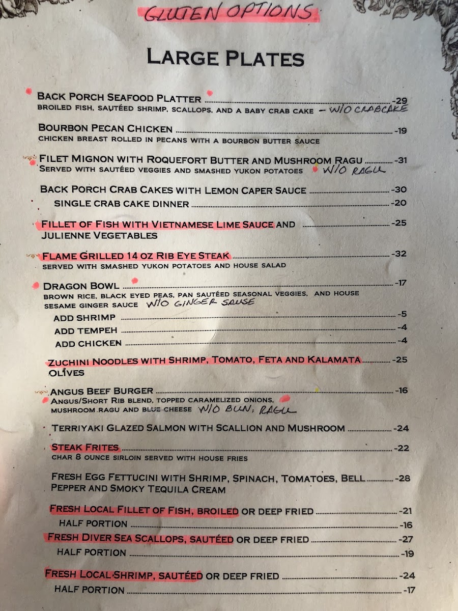 Back Porch Restaurant gluten-free menu