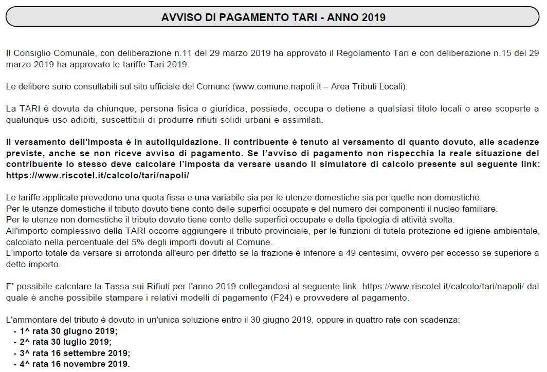 Avviso di pagamento Tari 2019