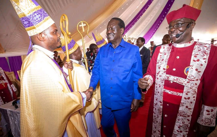 ODM Party Leader Raila Odinga shaking hands with the ordained ATG Bishops on Saturday April 9, 2022.