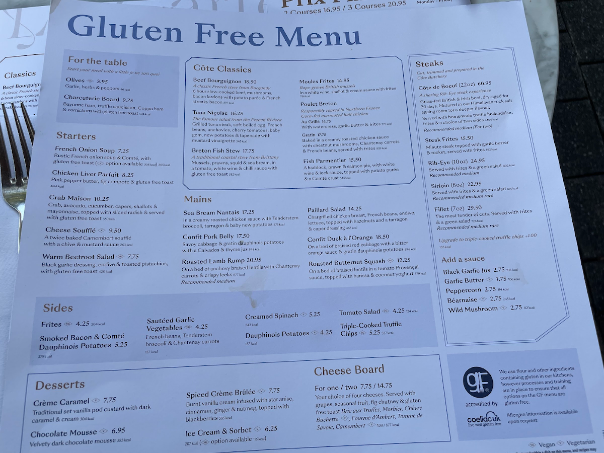 Cote Brasserie gluten-free menu