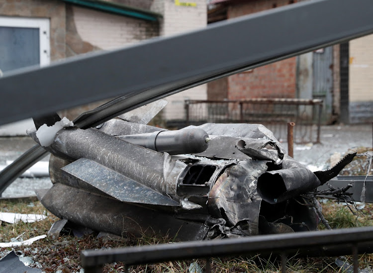 A view shows the remains of a missile that landed in the street, after Russian President Vladimir Putin authorized a military operation in eastern Ukraine, in Kyiv, Ukraine February 24, 2022.