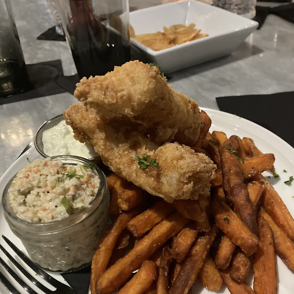 GF fish and chips with sweet potato fries