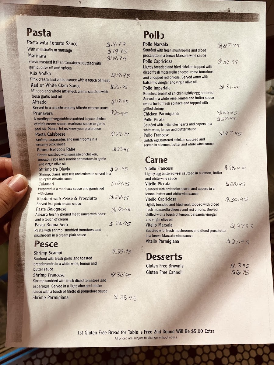 Buona Sera gluten-free menu