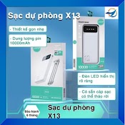 Sạc Dự Phòng X13 Dung Lượng 10000Mah, Kết Hợp Dây Sạc Có Thể Tháo Rời Tiện Lợi, Đèn Led Hiển Thị Lượng Pin Rõ Ràng