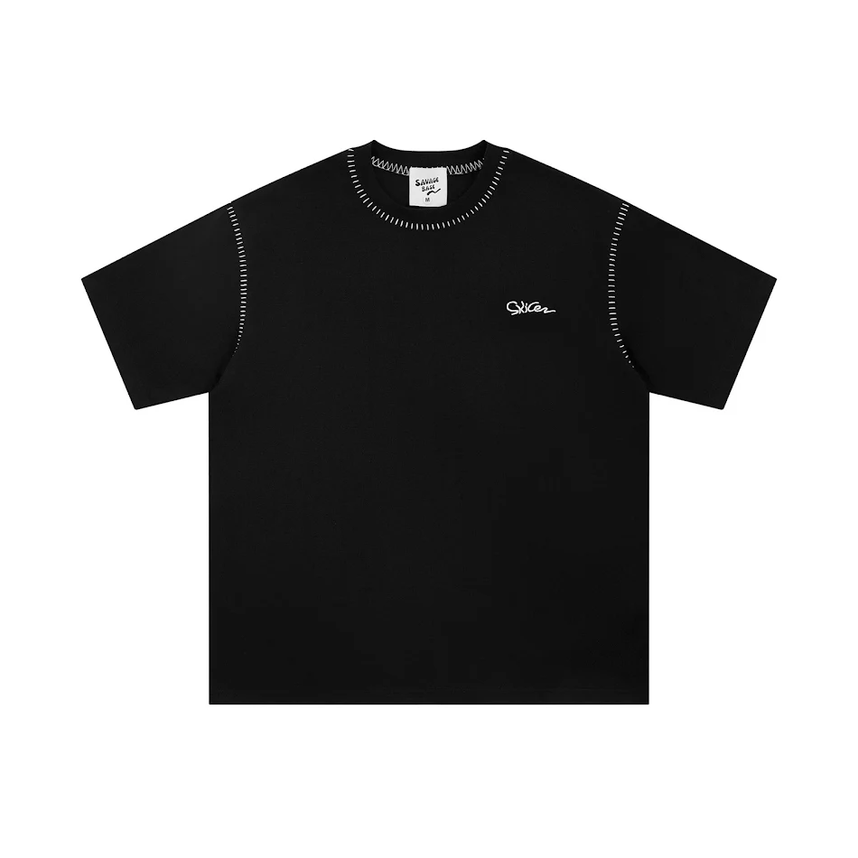 Camiseta holgada casual de manga corta y cuello redondo con costuras a la vista, perfecta para un look relajado y cómodo.