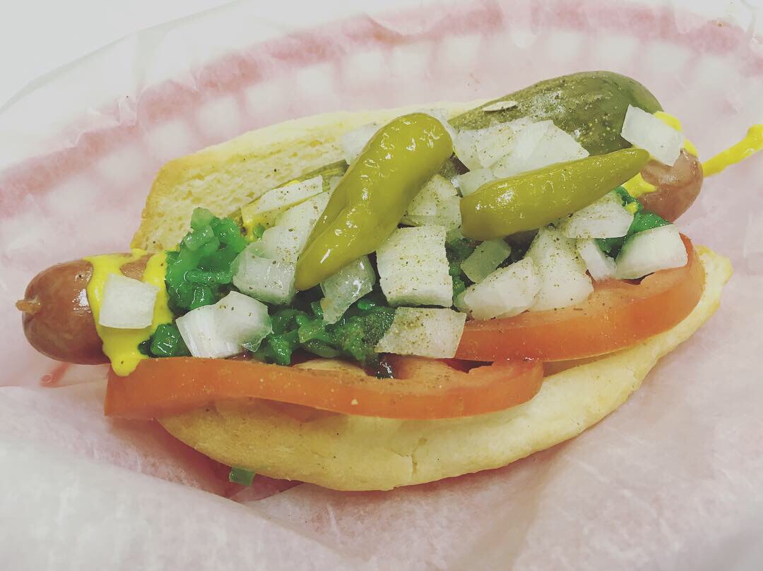 Chicago-style hotdog (Vienna) on a gluten-free bun (Sweet Ali’s)