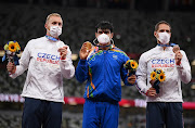 Silver medalist Jakub Vadlejch of Team Czech Republic, Gold medalist Neeraj Chopra of Team India and Bronze medalist Vitezslav Vesely of Team Czech Republic stand on the podium during the medal ceremony for the Men's Javelin Throw on day fifteen of the Tokyo 2020 Olympic Games at Olympic Stadium on August 07, 2021 in Tokyo, Japan. 