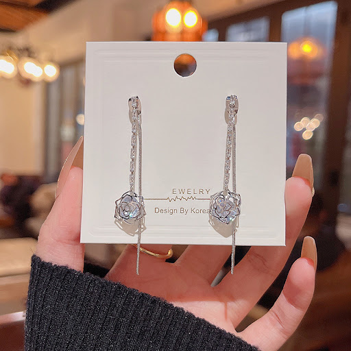 Title 11, 925 Silver Needle Long Fringed Zircon Earrings,...